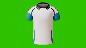 3D animation football jersey rotating 360 degree. Sport t-shirt with collar neck and white green design. Concept for soccer team uniform or football apparel mock up. Green screen background.