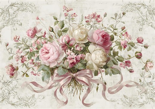 Peony Bouquet Rice Paper, Vintage Floral French Script, Decoupage A3 Sheet - Etsy UK