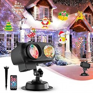 Christmas Projector Lights Outdoor, 2 in 1 HD Effect Holiday Projector, 80 HD Patterns 10 Water Wave Effects, with Remote Control, Timer Memory Function, 10 Slides for Various Festive