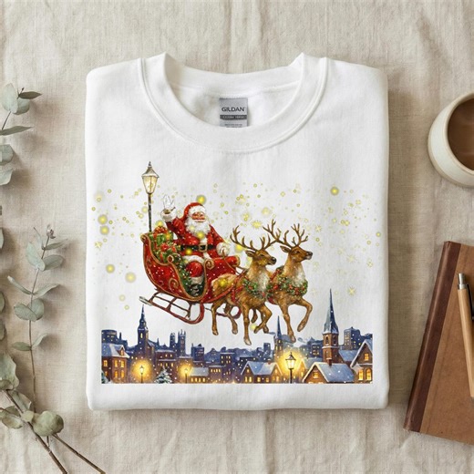 Vintage Santa Sleigh Sweatshirt, Flying Reindeer Hoodie, Classic Christmas Village Shirt, Magical Winter Night Crewneck, Nostalgic Gift - Etsy