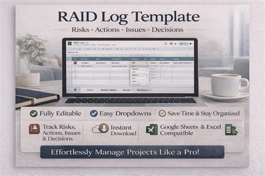 Project Management RAID Log | Risk Log | Actions Log | Issue Tracker | Decisions Log | Excel + Google Sheets | PM Toolkit - Etsy