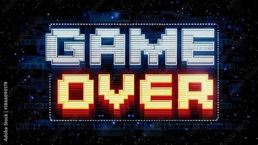 Retro pixel art style game over screen with glowing text on digital background for arcade or video games