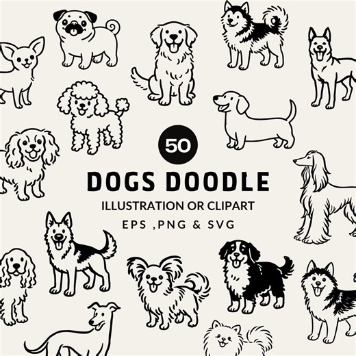 50 Hand Drawn Dog Clipart Bundle | Dog Breed Illustration SVG, PNG & EPS | Dog Icons Doodle | Pet Care Illustrations | Pooches, Dog Lovers - Etsy