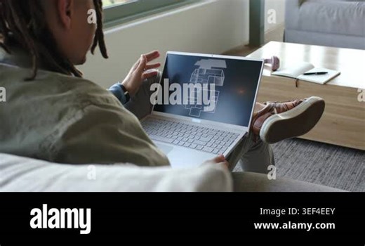Laptop opening digital floor plan, scrolling blueprint, tilting screen on couch for design review. Modern, workspace, technology, architecture, casual, relaxation, interior Stock Video Footage - Alamy