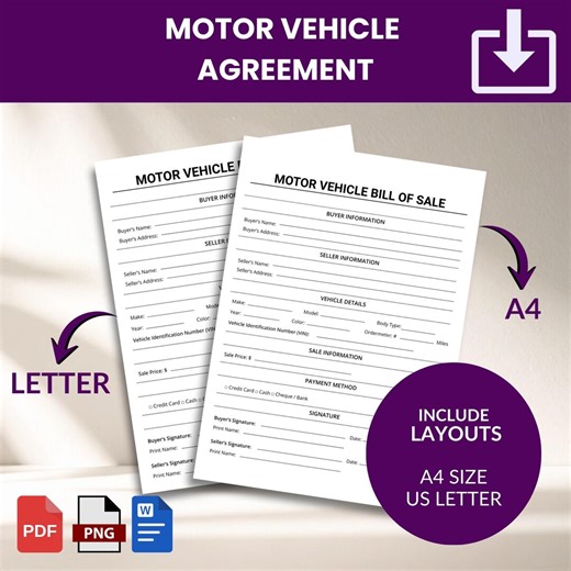 Printable Motor Vehicle Bill of | Car, Truck, Motorcycle Agreement (PDF & Word - Etsy Canada