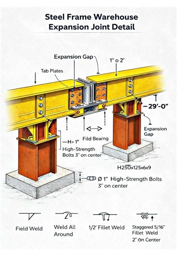 Basic Knowledge for Civil Engineering | Steel Frame Warehoused Expansion Joint Details | #shorts