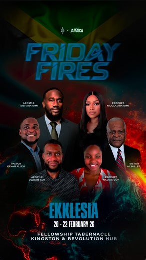 Light Jamaica 🇯🇲 on Instagram: "JAMAICA! 🇯🇲 It’s time to ignite revival and mobilize an army on fire for God at FRIDAY FIRES 🔥 X LIGHT JAMAICA⚡️! Don’t miss out on this powerful event! 📅 February 20-22, 2026 📍Fellowship Tabernacle | Kingston, Jamaica ⏰ 6:30 PM 🎟️ Grab your tickets now at https://spurropen.com/FridayFires2026 or click the link in our bio. ADM: - GENERAL: FREE - VIP: $12,500 #FridayFires #LightJamaica #Revival #Ekklesia"