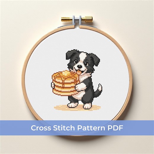 Border Collie Cross Stitch Pattern PDF, Cute Dog with Pancakes Embroidery, Kawaii Puppy Gift, Modern Needlepoint, Digital DIY Craft