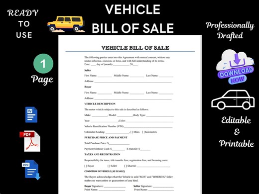 Vehicle Bill of Sale Form Printable PDF, Simple Car Bill of Sale Template, One Page Vehicle Bill of Sale, Printable Car Sale Receipt, - Etsy Canada