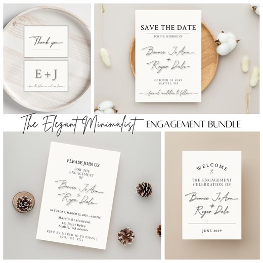 Engagement Template Bundle | Save the Date, Welcome Sign, Thank You Cards, Tags & Invitation Set | Editable Minimalist Suite (templett) - Etsy
