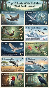 Top 10 Birds With Abilities That Feel Unreal Birds aren’t just beautiful they have superpowers that seem straight out of science fiction. Here are 10 birds with abilities that feel completely unreal 👇 1️⃣ Peregrine Falcon – The fastest animal on Earth, diving at speeds over 320 km/h 2️⃣ Arctic Tern – Travels up to 90,000 km every year, the longest migration on the planet 3️⃣ Lyrebird – Can perfectly mimic chainsaws, camera shutters, and other birds 4️⃣ Bar-Headed Goose – Flies over the Himalaya