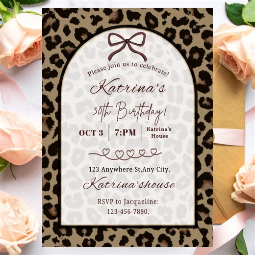 Leopard Print Birthday Invitation Template, Cheetah Birthday Invite, Editable Bow Party Invite, Chic Animal Print Canva Download - Etsy
