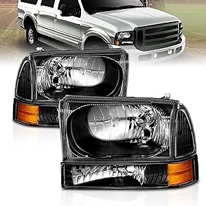AmeriLite OE Black Replacement Headlights 4pcs Set w/Socket Bulb for 1999-04 Ford Excursion/Super Duty F250 F350 F450 F550 Truck - Passenger and Driver Side