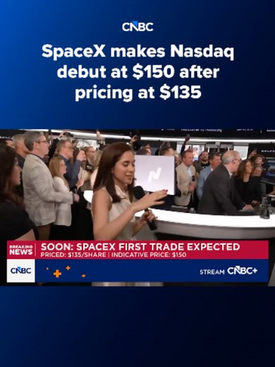 SpaceX opened Friday at $150 per share, officially marking an approximately 11% gain over its $135 IPO price. Find the latest at the #linkinbio or the link on screen. #CNBC #SpaceX #IPO #ElonMusk