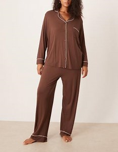 ASOS DESIGN Curve super soft long sleeve shirt & pants pajama set in chocolate | ASOS