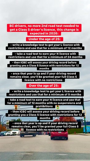 For BC drivers, change is expected in 2026 on how you will get your driver’s licence, no more second road test needed to get a Class 5 licence. For those under the age of 25, it will take longer for you to get your Class 5 licence. Source: Vancouver Sun #driver #driverslicense #britishcolumbia #roadsafety #Vancouver | Gud Darren