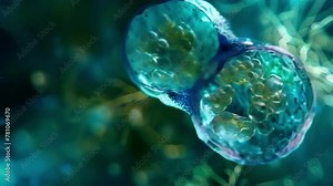 A microscopic view of two plant cells fusing during fertilization highlighting the fusion of their nuclei. . AI generation.