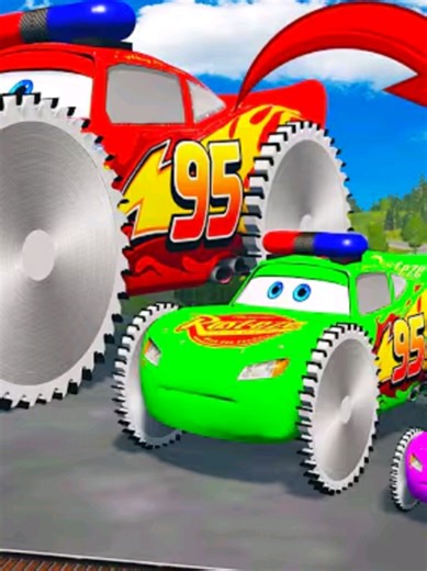 Big & Small Colors McQueen Police VS Saw Wheels - Long Slide Color vs Giant Lava Pit
