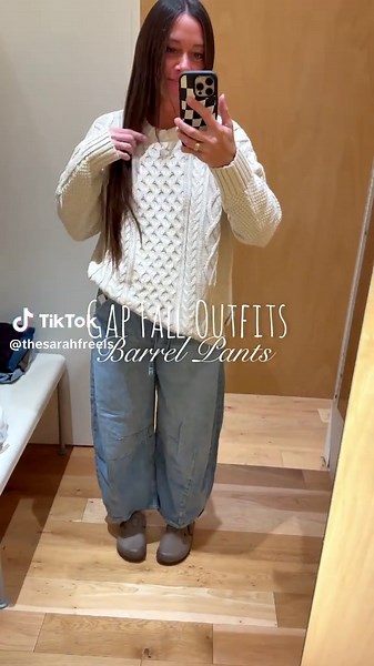 These pants are so cute and comfortable. I love being able to be comfortable but also elevate my outfit with these barrel jeans from Gap. This cable knit sweater is so slouchy and cute but sizes are selling out FAST. So tagging a few more of my favorite bestsellers. Fall outfit ready with these picks! Wearing a size XS in the pants and a medium in the sweater. Weight 130lbs, carry on midsection and booty😅 Height 5’5”. Comment OOTD for info! #ootds #fallwardrobe #sweaterseason #outfitsinspo #bar