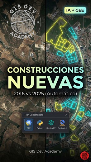 GIS Dev Academy | Cursos online de Programación & GIS on Instagram: "🛰️🏙️ ¿Cuánto cambió tu ciudad en 10 años? En este short comparo 2016 vs 2025 y activo la capa de cambio para detectar nuevas construcciones en segundos (polígonos listos para GIS). ⚠️ Aclaración pro: no es 100% perfecto (puede haber falsos positivos), por eso el paso final es editar el SHP en QGIS/ArcGIS y dejar el resultado impecable. 🚀 Estas capacidades van a estar incluidas en nuevos cursos de la Ruta A. 📩 Si querés info