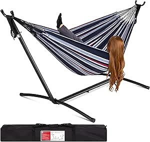 Best Choice Products Double Hammock with Steel Stand, Indoor Outdoor Brazilian-Style Cotton Bed w/Carrying Bag, 2-Person Capacity - Abyss