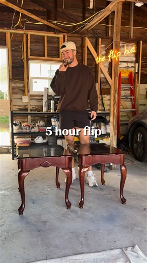 Connor Sweeney | Furniture Flips & DIY on Instagram: "Ugh, I just don’t have a free week to flip furniture…” Who said you need a week?! Let me show you a flip that can be done in just 5 HOURS ⏳🤯 This technique uses almost no power tools and relies mostly on spray paint for fast coverage and quick dry times 🎨 I started with a pair of cheap thrifted end tables from Goodwill. They had a super glossy finish, so I began with a quick scuff sand to help the primer stick 🛠️ I applied primer to both t