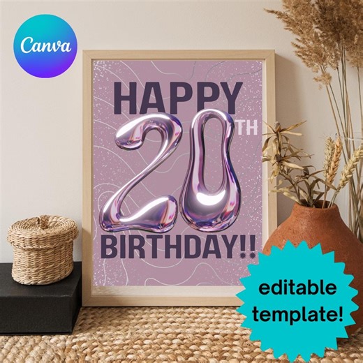 20th Birthday Poster Template, Dusty Purple & Gray Birthday Decor, Trendy Minimal Birthday Print, 20th Birthday Wall Art, Digital Download - Etsy