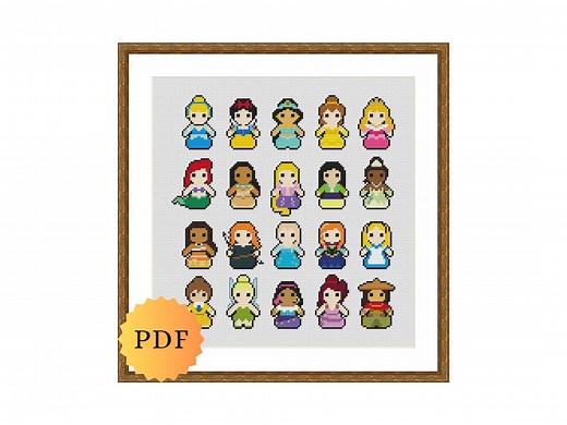 Counted Cross Stitch Sampler, Updated Mini Princesses Character Collection, Cross Stitch Pattern Chart, Cute Cross Stitch, PDF Download - Etsy