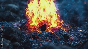 Close up of burning campfire. Spark of fire flames. Seamless looping animated. Generative AI