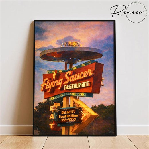 Flying Saucer Diner Wall Art, Retro UFO Restaurant Sign Poster, Vintage Roadside Americana Decor, Mid Century Sci-fi Neon Sign Art - Etsy