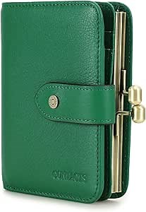 CONTACTS Full Grain Leather Kiss Lock Wallet for Women Kiss Clasp Coin Purse Small Bifold Card Holder with Rfid Blocking (Green)