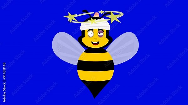video animation insect bee character cartoon, injured, a black eye, with a bump and stars spinning on the head. On a blue chroma key background