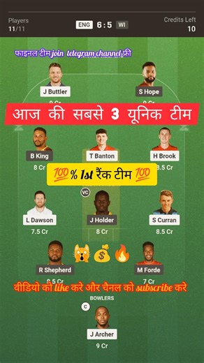 ENG VS WI T20 Dream11 Prediction | ENG VS WI Dream11 Team Of Today Match | ENG VS WI dream11#shorts