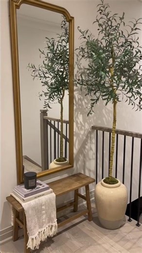 The Perfect Entryway Setup: Gold Mirror, Wood Bench, and Olive Tree Decor
