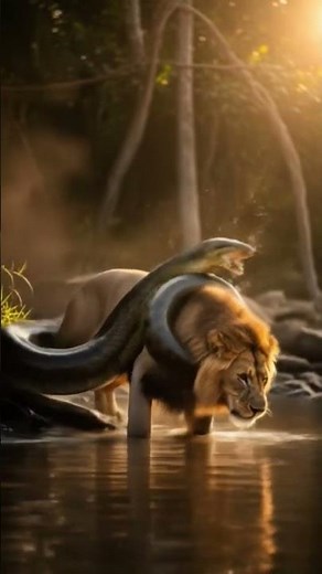 Anaconda attacking lion while drinking water