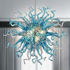 Longree Blue Art Deco Chandelier, Hand Blown Glass Chandeliers, 32" Dia Luxury Ceiling Hanging Pendant Light Fixture for Bedroom, Dining Room, Living Room