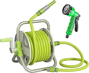 Portable Garden Hose Reel with 50.8ft Hose + 3.2ft, Lightweight Water Hoses Reels Set with Adjustable Spray Nozzle - 5/8" Inlet and Reinforced Hose for Durability for Outside, Yard, Patio - Green