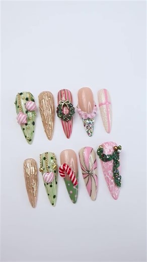 Christmas Press-on Nails With Candy Cane, Wreath & Ornament Designs | Long Almond Fake Nails | Handmade Pastel Holiday Nail Art - Etsy