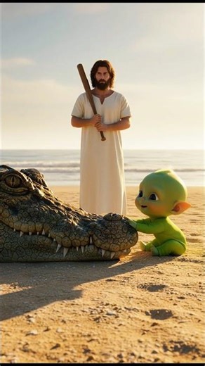 With the miracle of Jesus, an alien baby explores the crocodile 🥰 #faith #god #jesus