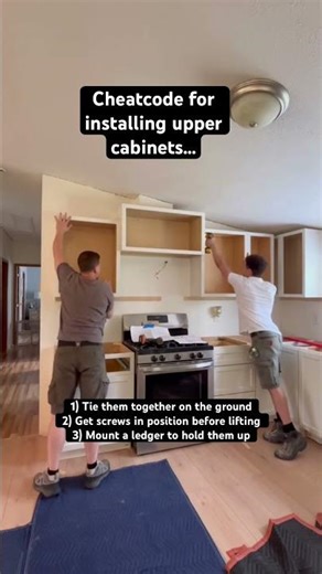 Cheat-code for installing upper cabinets… #tips #diy #construction