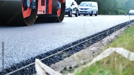 Asphalt roller compacting a new layer of tarmac on a highway under construction