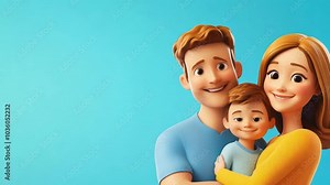 An animated 3d family of three with father, mother, and son smiling brightly, capturing their happiness and togetherness on a blue backdrop with free space