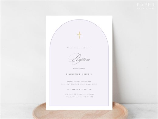 Baptism Invitation | Classic Girl Christening Invite | Baby Blessing | Minimalist Calligraphy | Purple and Gold Arch | Printable Template - Etsy Australia