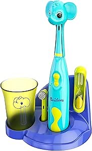 Brusheez Kids’ Electric Toothbrush Set - Safe & Effective for Ages 3+ - Parent Tested & Approved with Gentle Bristles, 2 Brush Heads, Rinse Cup, 2-Minute Timer, & Storage Base (Ollie The Elephant)