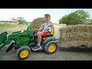 Moving hay bales with kids tractor trailer | Baling hay on the farm | Tractors for kids
