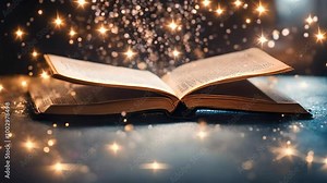 Magical book with glowing pages and floating cosmic sparkles, magic coming from open book, magical book animation, seamless looping