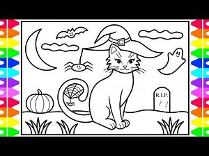 How to Draw a Halloween Cat for Kids 🐱🎃💜💚🖤 Halloween Cat Drawing and Coloring Pages for Kids