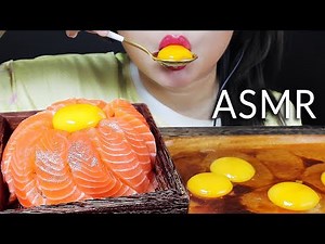ASMR EATING RAW EGGS AND RAW SALMON RICE EATING SOUNDS | LINH-ASMR mukbang 먹방 linhasmr