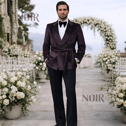 70s Velvet Smoking Jacket Trauanzug Purple Groom Suit Costume Homme Mariage Velours Wide Peak Lapel Belted Tuxedo Retro Prom Evening Blazer - Etsy