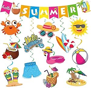 Upgraded, 21pcs Hello Summer Banner, with Hanging Swirls, Summer Beach Pool Party Decorations, Topical Hawaiian Luau Birthday Party Decorations Supplies